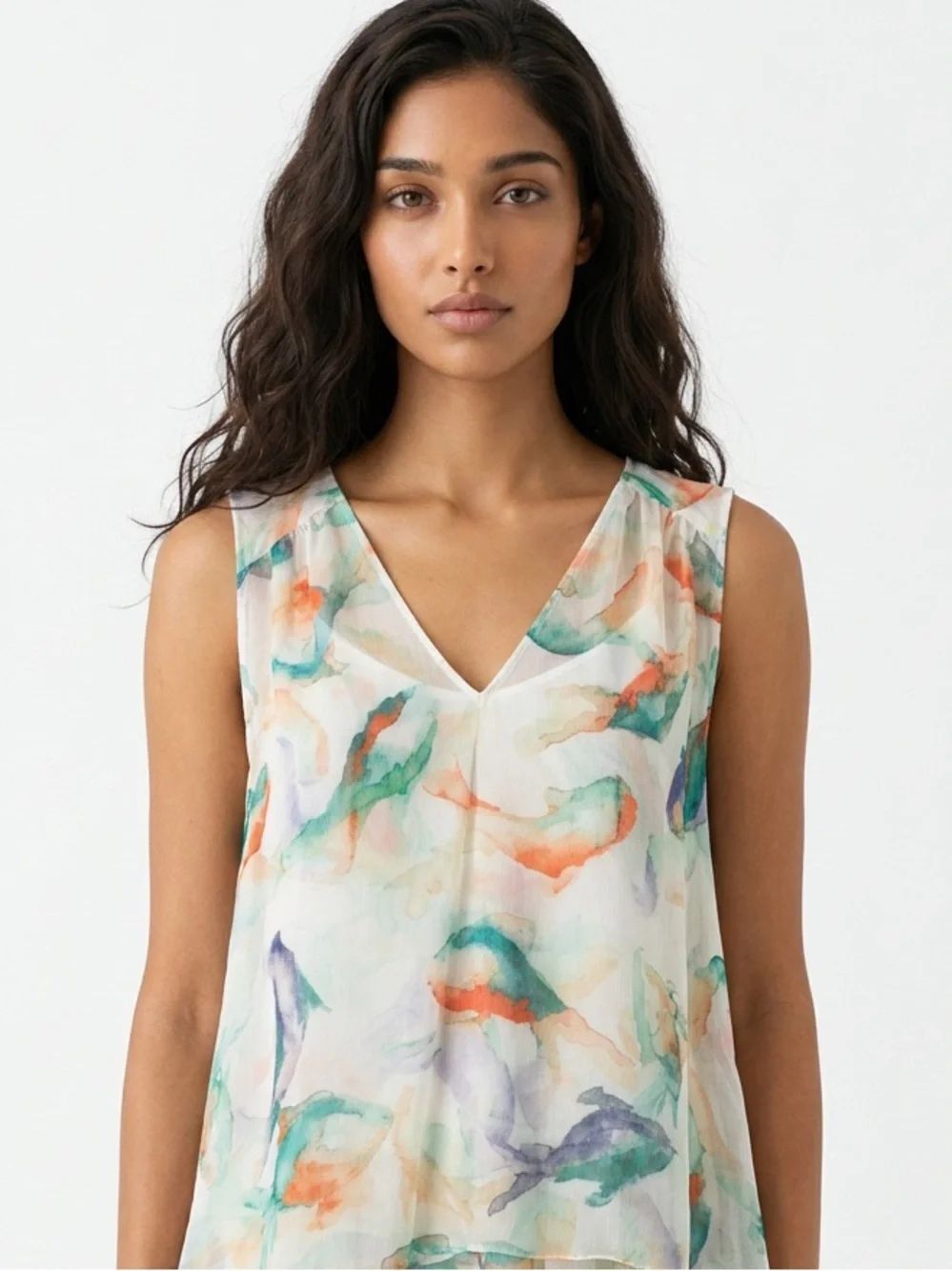ZARA | Sleeveless V-Neck Watercolor Fish Print Sheer Top Women’s Size Large